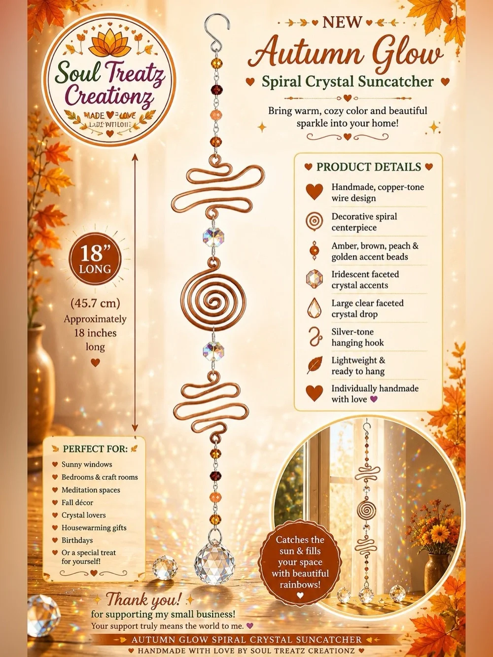Copper Spiral Crystal Beaded Suncatcher Hanging - Copper Browns